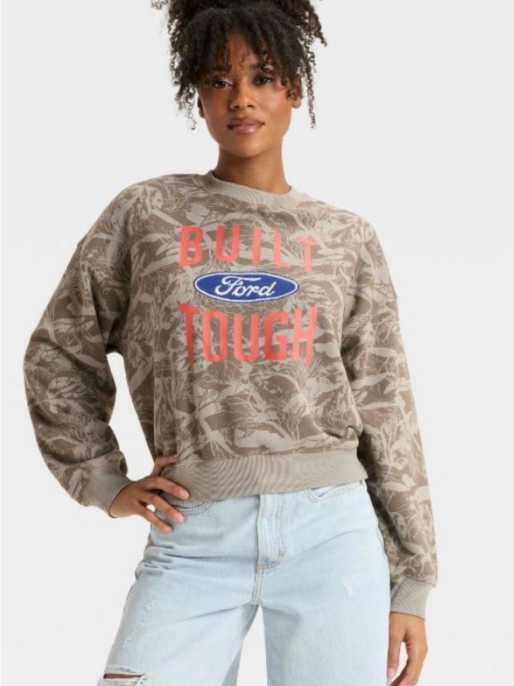 Ford 'Built Tough' Taupe Crewneck Sweatshirt with Coral Logo XXS NWT